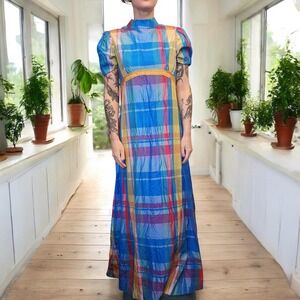 Vintage 70s Handmade Rainbow Plaid Maxi Dress High Neck Retro Blue Pink Yellow M